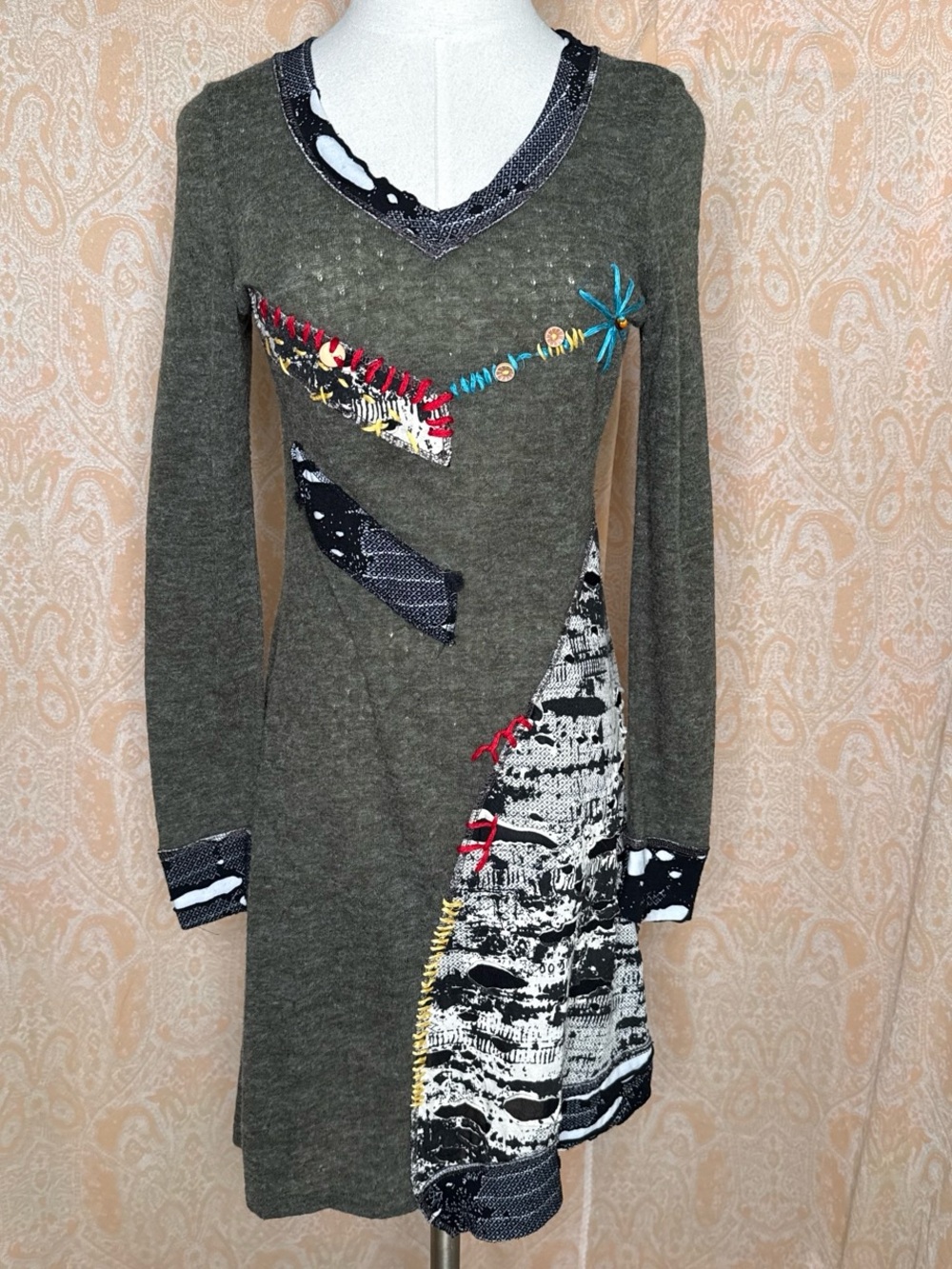 Patchwork and embroidery knit dress by Forla Paris